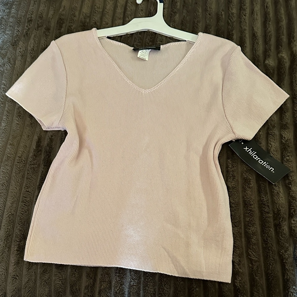 Xhilaration Light Pink Ribbed Cotton Fabric V Neck Top Size XL New